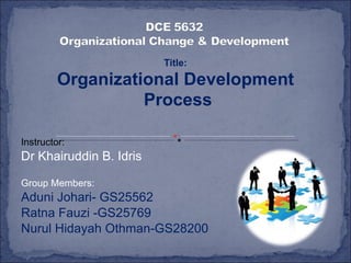 Title: Organizational Development Process Instructor: Dr Khairuddin B. Idris Group Members: Aduni Johari- GS25562 Ratna Fauzi -GS25769 Nurul Hidayah Othman-GS28200 