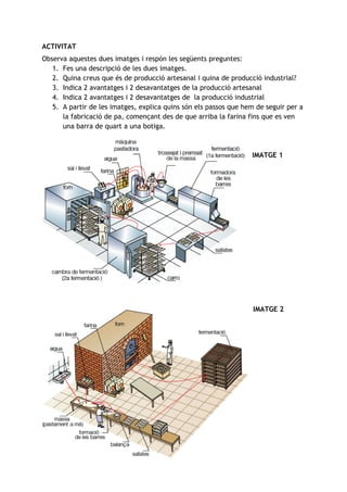 ACTIVITAT 
 
Observa aquestes dues imatges i respón les següents preguntes: 
1. Fes una descripció de les dues imatges. 
2. Quina creus que és de producció artesanal i quina de producció industrial? 
3. Indica 2 avantatges i 2 desavantatges de la producció artesanal 
4. Indica 2 avantatges i 2 desavantatges de la producció industrial 
5. A partir de les imatges, explica quins són els passos que hem de seguir per a 
la fabricació de pa, començant des de que arriba la farina fins que es ven 
una barra de quart a una botiga. 
 
 
IMATGE 1 
 
 
 
 
 
 
 
 
 
 
 
 
 
 
 
IMATGE 2 
 