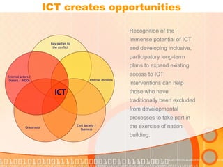 ICT creates opportunities Recognition of the immense potential of ICT and developing inclusive, participatory long-term plans to expand existing access to ICT interventions can help those who have traditionally been excluded from developmental processes to take part in the exercise of nation building. Key parties to the conflict Internal divisions Civil Society / Business Grassroots External actors / Donors / INGOs ICT 