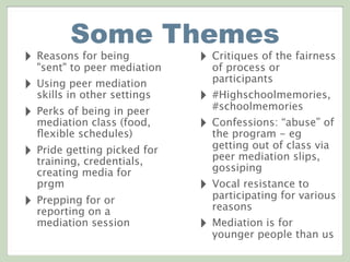 Some Themes
‣ Reasons for being
"sent" to peer mediation
‣ Using peer mediation
skills in other settings
‣ Perks of being ...