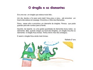 O dragão e os diamantesO dragão e os diamantes
Era uma vez um dragão que estava muito feliz .
Um dia, decidiu e foi para outro lado! Voou,voou e voou... até encontrar um
local onde estava em sossego. Encontrou o Sítio dos Diamantes.
Parou nesse sítio e encontrou um diamante de dragões. Pensou que podia
guardar para ele e andou para a frente.
Quando, de repente, viu uma grade quantidade de diamantes levou todos os
diamantes. Mas, quando chegou ao local dos Dragões, um dragão tirou-lhe os
diamantes. O dragão ficou furioso. Tentou tirá-lo mas não conseguiu.
E assim o dragão ficou ainda mais furioso.
Rafaela 2º ano
 