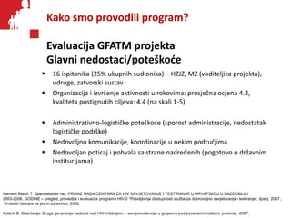 Kako smo provodili program?
Evaluacija GFATM projekta
Glavni nedostaci/poteškoće
 16 ispitanika (25% ukupnih sudionika) –...