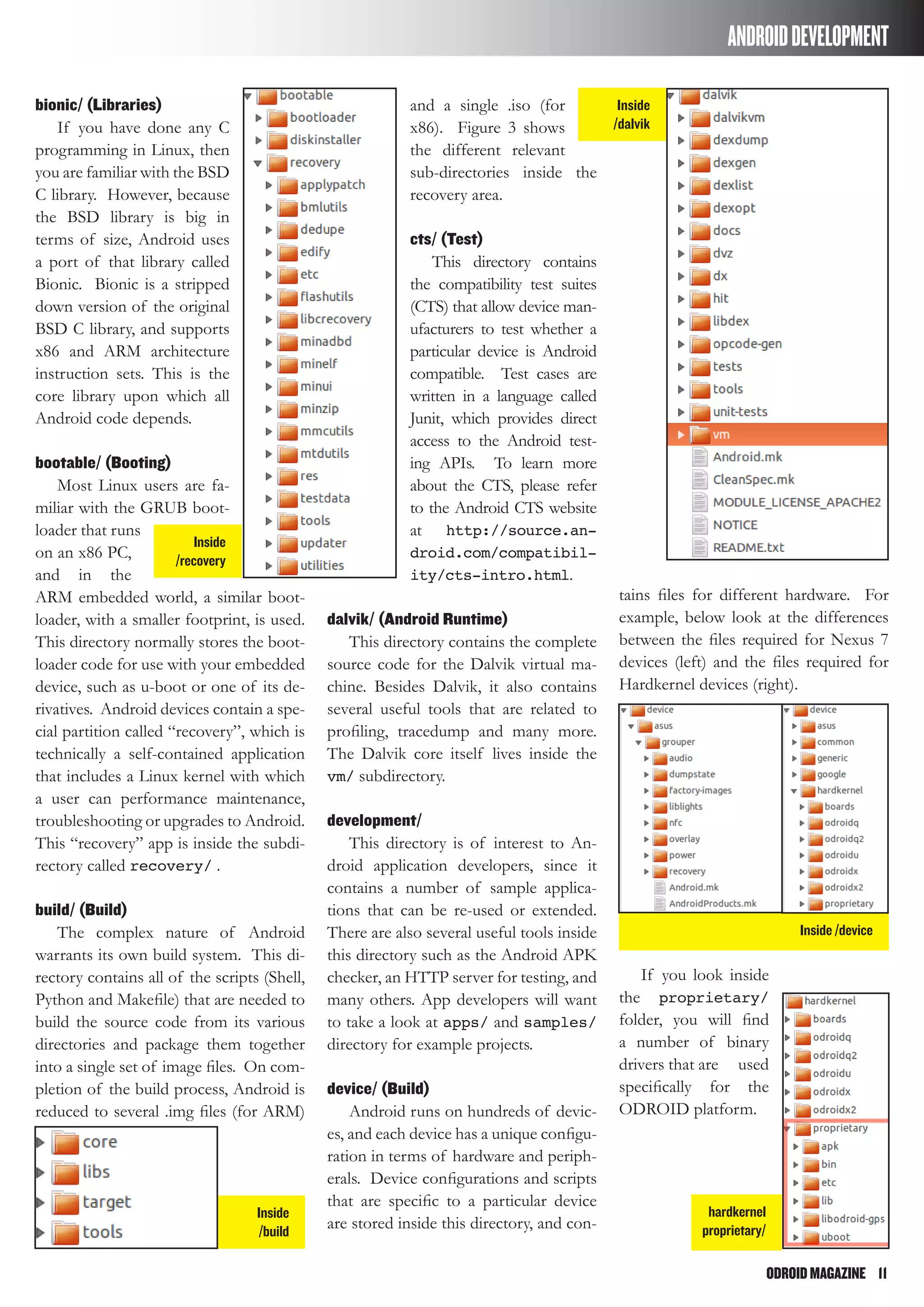 ODROIDMAGAZINE	 11
ANDROIDDEVELOPMENT
bionic/ (Libraries)
If you have done any C
programming in Linux, then
you are familiar with the BSD
C library. However, because
the BSD library is big in
terms of size, Android uses
a port of that library called
Bionic. Bionic is a stripped
down version of the original
BSD C library, and supports
x86 and ARM architecture
instruction sets. This is the
core library upon which all
Android code depends.
bootable/ (Booting)
Most Linux users are fa-
miliar with the GRUB boot-
loader that runs
on an x86 PC,
and in the
ARM embedded world, a similar boot-
loader, with a smaller footprint, is used.
This directory normally stores the boot-
loader code for use with your embedded
device, such as u-boot or one of its de-
rivatives. Android devices contain a spe-
cial partition called “recovery”, which is
technically a self-contained application
that includes a Linux kernel with which
a user can performance maintenance,
troubleshooting or upgrades to Android.
This “recovery” app is inside the subdi-
rectory called recovery/ .
build/ (Build)
The complex nature of Android
warrants its own build system. This di-
rectory contains all of the scripts (Shell,
Python and Makefile) that are needed to
build the source code from its various
directories and package them together
into a single set of image files. On com-
pletion of the build process, Android is
reduced to several .img files (for ARM)
and a single .iso (for
x86). Figure 3 shows
the different relevant
sub-directories inside the
recovery area.
cts/ (Test)
This directory contains
the compatibility test suites
(CTS) that allow device man-
ufacturers to test whether a
particular device is Android
compatible. Test cases are
written in a language called
Junit, which provides direct
access to the Android test-
ing APIs. To learn more
about the CTS, please refer
to the Android CTS website
at http://source.an-
droid.com/compatibil-
ity/cts-intro.html.
dalvik/ (Android Runtime)
This directory contains the complete
source code for the Dalvik virtual ma-
chine. Besides Dalvik, it also contains
several useful tools that are related to
profiling, tracedump and many more.
The Dalvik core itself lives inside the
vm/ subdirectory.
development/
This directory is of interest to An-
droid application developers, since it
contains a number of sample applica-
tions that can be re-used or extended.
There are also several useful tools inside
this directory such as the Android APK
checker, an HTTP server for testing, and
many others. App developers will want
to take a look at apps/ and samples/
directory for example projects.
device/ (Build)
Android runs on hundreds of devic-
es, and each device has a unique configu-
ration in terms of hardware and periph-
erals. Device configurations and scripts
that are specific to a particular device
are stored inside this directory, and con-
tains files for different hardware. For
example, below look at the differences
between the files required for Nexus 7
devices (left) and the files required for
Hardkernel devices (right).
If you look inside
the proprietary/
folder, you will find
a number of binary
drivers that are used
specifically for the
ODROID platform.
Inside
/recovery
Inside
/dalvik
Inside
/build
Inside /device
hardkernel
proprietary/
 