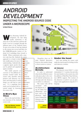 ODROIDMAGAZINE	 10
ANDROIDDEVELOPMENT
W
hen discussing Android de-
velopment, the first thing
usually mentioned is the
sheer size of the code base, and how dif-
ficult it can be to navigate through the
different parts of the Android source.
To give you an idea of how big Android
is, the current size on my local drive for
the ODROID-specific version of An-
droid 4.1.2 (excluding Linux kernel) is
8.6GB. When confronted with a mas-
sive code base like Android, the easiest
approach is to break it down
into smaller pieces for ease of
understanding. Android is like
a gigantic jigsaw puzzle that
can be packed and unpacked
again as needed.
This article presents an
overview of the different di-
rectories located inside the
source code, describes what
projects each directory con-
tains, and what kind of useful
things you will find in each
area. It is surprising how
much can be learned and ex-
tracted simply by browsing
the source code.
A Bird’s Eye
View
Here is the top level direc-
tory structure of the Android
source code.
Android
Development
Inspecting the Android Source Code
Under a Microscope
by Nanik Tolaram
Altogether, there are 23
main Android directories,
however, this number chang-
es from version to version.
Architecture
Details
In order to understand
what role the different source
code pieces play in the over-
all Android architecture, we
will map each role shown to
you below to a directory.
The source code will be
associated with
this diagram by us-
ing the labels that
differentiate each
layer, such as Ap-
plications, Appli-
cation Framework,
Libraries, and An-
droid Runtime.
Under the hood
Let’s start putting the source code
under the microscope by looking at what
each directory contains.
abi/ (Libraries)
This directory stores Gabi++, a new
minimalistic C++ runtime that provides
the same headers as the system one, with
the addition of RunTime Type Informa-
tion (RTTI) support. The content of
this directory is useful if you are plan-
ning to write applications using the C++
language.
High Level Directory structure
of Android source code
Android
Architecture
 
