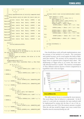 ODROIDMAGAZINE	 19
// ---------------> x
// 6 | 3
// 5 | 4
// |
// Array representations of strictly computed atan2
values.
// Using double would not make the result more ac-
curate.
private static final float[] OCTET1 = new
float[SIZE];
private static final float[] OCTET2 = new
float[SIZE];
private static final float[] OCTET3 = new
float[SIZE];
private static final float[] OCTET4 = new
float[SIZE];
private static final float[] OCTET5 = new
float[SIZE];
private static final float[] OCTET6 = new
float[SIZE];
private static final float[] OCTET7 = new
float[SIZE];
private static final float[] OCTET8 = new
float[SIZE];
static {
initializeOctets(SIZE);
}
/**
* Get atan2 as table lookup.
* The complexity of the method is 14, but we do
not want this method to be split.
* @param y
* @param x
* @return angle as radians, the value is in the
interval [-PI, PI]
*/
@SuppressWarnings(“all”)
public static float atan2(final float y, final float
x) {
if (0 <= x) {
if (0 <= y) {
if (x < y) {
return OCTET1[(int) (LAST * x / y
+ ROUND)];
} else {
return OCTET2[(int) (LAST * y / x
+ ROUND)];
}
} else {
if (-y < x) {
return OCTET3[(int) (NEGATIVE_LAST
* y / x + ROUND)];
} else {
return OCTET4[(int) (NEGATIVE_LAST
* x / y + ROUND)];
}
}
} else {
if (y < 0) {
// both x and y are negative
if (x > y) {
return OCTET5[(int) (LAST * x / y
+ ROUND)];
} else {
return OCTET6[(int) (LAST * y / x
+ ROUND)];
}
} else {
if (y < -x) {
return OCTET7[(int) (NEGATIVE_LAST
* y / x + ROUND)];
} else {
return OCTET8[(int) (NEGATIVE_LAST
* x / y + ROUND)];
}
}
}
}
private static void initializeOctets(final double
size) {
final double y = size;
for (double i = 0; i < size; i++) {
final double x = i;
final double theta = Math.atan2(y, x);
final int index = (int) i;
OCTET1[index] = (float) theta;
OCTET2[index] = (float) (PI / 2.0 - the-
ta);
OCTET3[index] = (float) (-PI / 2.0 + the-
ta);
OCTET4[index] = (float) -theta;
OCTET5[index] = (float) (-PI + theta);
OCTET6[index] = (float) (-PI / 2.0 - the-
ta);
OCTET7[index] = (float) (PI / 2.0 + the-
ta);
OCTET8[index] = (float) (PI - theta);
}
}
private OctetMath() {
//
}
}
One should always verify self-made implementations, since
the accuracy of the method is of concern. The correctness
and reached accuracy can be tested against the built-in Math.
atan2 Java method. The accuracy can be improved by using
larger arrays to represent prior computed atan2 values. The
disadvantage of bigger arrays is, of course, that more stati-
cally allocated memory is needed. The memory consumption
of three different memory layouts is shown comparatively in
logarithmic scale in the next figure.
The table memory layout is consuming the most memory.
The worst thing is that its behavior is exponential. As the 8
octets of a unit circle are symmetric, the same method could
be implemented by storing only the data of one of the oc-
tets, in which case only 1/8 of the memory amount is needed.
Then the call time would be bigger, since more control flow
branches must be traversed during one call.
TECHNICALARTICLE
Array and Memory Size
 