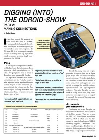 ODROID MAGAZINE 25 
DIGGING (INTO) 
THE ODROID-SHOW 
PART 2: 
MAKING CONNECTIONS 
by Declan Malone 
The two pin headers 
at the top right area of 
the board can be used 
* a ground pin, which is needed to form 
an electrical circuit and counts as a “low” 
logic level 
* digital pins, which can be in either a 
“high” or “low” state 
* analog pins, which are connected inter-nally 
to an analog to digital converter and 
can measure any voltage value between 0 
(ground) and 3.45 volts (high) 
* a reset pin, but you probably won’t need 
this 
Summary of the functions of each ODROID-SHOW pin 
to connect several 
external components 
Any of the analog pins can be pro-grammed 
to operate just like a digital 
pin if that is what you want, but the re-verse 
is not true. Typically, digital pins 
are connected to switches or buttons of 
some kind, while analog pins are con-nected 
to things like variable resistors 
(potentiometers) or light-dependent 
resistors. Note also that pins can only 
work in analog mode when they are set 
as inputs; when a pin is set as an output, 
it can only be on or off but not some 
value in between. 
Alternate 
pin functions 
Continuing on, we see that pins can 
have alternate functions, which can be 
divided into groups. They can be used 
for SPI, I2C, Pulse-Width Modulation 
(PWM, which is often used to drive 
motors or vary the brightness of LEDs), 
externally-triggered interrupts, and 
timer-based interrupts. The first two of 
these are different protocols allowing the 
SHOW’s ATMega chip to communicate 
In the first part of this series of ar-ticles 
about the ODROID-SHOW, 
I introduced the basics of the soft-ware 
running on it with enough to get 
you started on your own programs. In 
this issue, I’ll focus on using the two pin 
headers located up at the top right of the 
board to connect up some simple com-ponents 
to the SHOW. 
Pins 
If you’re just starting out with Ardui-no- 
like hardware, the information above 
may seem a little overwhelming, so I’ll 
take a few paragraphs here to break it 
down into more manageable chunks. 
To begin with, the two most impor-tant 
columns are the “Label”, which is 
what is printed on the board and lets you 
identify the pin, and the “Function” col-umn, 
which is the primary use for that 
particular pin. Looking at the Function 
column, you should be able to see these 
distinct types of pin: 
* power pins, which supply 3.54 volts and 
count as a “high” logic level 
ODROID-SHOW PART 2 
 