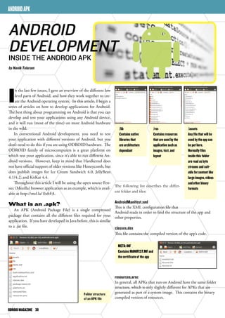 ANDROID APK 
ANDROID 
DEVELOPMENT 
INSIDE THE ANDROID APK 
by Nanik Tolaram 
In the last few issues, I gave an overview of the different low 
ODROID MAGAZINE 30 
The following list describes the differ-ent 
folder and files: 
AndroidManifest.xml 
This is the XML configuration file that 
Android reads in order to find the structure of the app and 
other properties. 
classes.dex 
This file contains the compiled version of the app’s code. 
resources.arsc 
In general, all APKs that run on Android have the same folder 
structure, which is only slightly different for APKs that are 
generated as part of a system image. This contains the binary 
compiled version of resources. 
level parts of Android, and how they work together to cre-ate 
the Android operating system. In this article, I begin a 
series of articles on how to develop applications for Android. 
The best thing about programming on Android is that you can 
develop and test your applications using any Android device, 
and it will run (most of the time) on most Android hardware 
in the wild. 
In conventional Android development, you need to test 
your application with different versions of Android, but you 
don’t need to do this if you are using ODROID hardware. The 
ODROID family of microcomputers is a great platform on 
which test your application, since it’s able to run different An-droid 
versions. However, keep in mind that Hardkernel does 
not have official support of older versions like Honeycomb, but 
does publish images for Ice Cream Sandwich 4.0, JellyBean 
4.1/4.2, and KitKat 4.4. 
Throughout this article I will be using the open source Fen-nec 
(Mozilla) browser application as an example, which is avail-able 
at http://mzl.la/1lxftFA. 
What is an .apk? 
An APK (Android Package File) is a single compressed 
package that contains all the different files required for your 
application. If you have developed in Java before, this is similar 
to a .jar file. 
Folder structure 
of an APK file 
/lib 
Contains native 
libraries that 
are architecture 
dependant 
/res 
Contains resources 
that are used by the 
application such as 
images, text, and 
layout 
/assets 
Any file that will be 
used by the app can 
be put here. 
Normally files 
inside this folder 
are read as byte 
streams and suit-able 
for content like 
large images, videos 
and other binary 
formats 
META-INF 
Contains MANIFEST.MF and 
the certificate of the app 
 