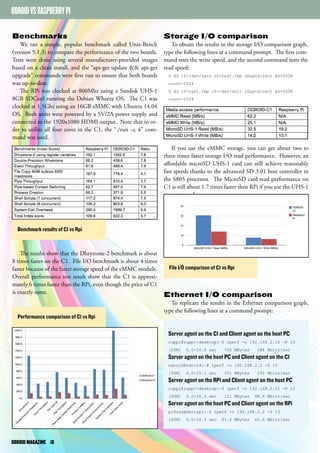 ODROID VS RASPBERRY PI 
Benchmarks 
We ran a simple, popular benchmark called Unix-Bench 
(version 5.1.3) to compare the performance of the two boards. 
Tests were done using several manufacturer-provided images 
based on a clean install, and the “apt-get update && apt-get 
upgrade” commands were first run to ensure that both boards 
was up-to-date. 
The RPi was clocked at 800Mhz using a Sandisk UHS-1 
8GB SDCard running the Debian Wheezy OS. The C1 was 
clocked at 1.5Ghz using an 16GB eMMC with Ubuntu 14.04 
OS. Both units were powered by a 5V/2A power supply and 
connected to the 1920x1080 HDMI output. Note that in or-der 
to utilize all four cores in the C1, the “./run –c 4” com-mand 
was used. 
The results show that the Dhrystone-2 benchmark is about 
8 times faster on the C1. File I/O benchmark is about 4 times 
faster because of the faster storage speed of the eMMC module. 
Overall performance test result show that the C1 is approxi-mately 
6 times faster than the RPi, even though the price of C1 
is exactly same. 
Storage I/O comparison 
To obtain the results in the storage I/O comparison graph, 
type the following lines at a command prompt. The first com-mand 
tests the write speed, and the second command tests the 
read speed: 
$ dd if=/dev/zero of=test.tmp oflag=direct bs=500K 
count=1024 
$ dd if=test.tmp of=/dev/null iflag=direct bs=500K 
count=1024 
If you use the eMMC storage, you can get about two to 
three times faster storage I/O read performance. However, an 
affordable microSD UHS-1 card can still achieve reasonably 
fast speeds thanks to the advanced SD 3.01 host controller in 
the S805 processor. The MicroSD card read performance on 
C1 is still about 1.7 times faster then RPi if you use the UHS-1 
memory card. 
Ethernet I/O comparison 
To replicate the results in the Ethernet comparison graph, 
type the following lines at a command prompt: 
Server agent on the C1 and Client agent on the host PC 
ruppi@ruppi-desktop:~$ iperf -c 192.168.2.10 -P 10 
[SUM] 0.0-10.0 sec 700 MBytes 584 Mbits/sec 
Server agent on the host PC and Client agent on the C1 
odroid@odroid:~# iperf -c 192.168.2.2 -P 10 
[SUM] 0.0-10.1 sec 351 MBytes 292 Mbits/sec 
Server agent on the RPi and Client agent on the host PC 
ruppi@ruppi-desktop:~$ iperf -c 192.168.2.11 -P 10 
[SUM] 0.0-10.3 sec 121 MBytes 98.6 Mbits/sec 
Server agent on the host PC and Client agent on the RPi 
pi@raspberrypi:~$ iperf -c 192.168.2.2 -P 10 
[SUM] 0.0-10.3 sec 81.6 MBytes 66.6 Mbits/sec 
Performance comparison of C1 vs Rpi 
File I/O comparison of C1 vs Rpi 
Benchmark results of C1 vs Rpi 
ODROID MAGAZINE 16 
 