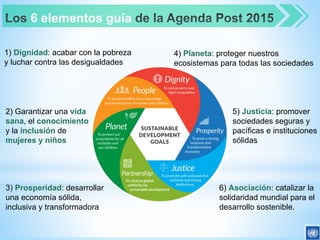 6 elementos guía
1) Dignidad: acabar con la pobreza
y luchar contra las desigualdades
5) Justicia: promover
sociedades seguras y
pacíficas e instituciones
sólidas
4) Planeta: proteger nuestros
ecosistemas para todas las sociedades
2) Garantizar una vida
sana, el conocimiento
y la inclusión de
mujeres y niños
3) Prosperidad: desarrollar
una economía sólida,
inclusiva y transformadora
6) Asociación: catalizar la
solidaridad mundial para el
desarrollo sostenible.
 