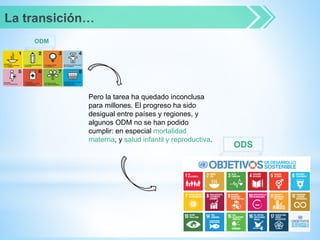 Pero la tarea ha quedado inconclusa
para millones. El progreso ha sido
desigual entre países y regiones, y
algunos ODM no se han podido
cumplir: en especial mortalidad
materna, y salud infantil y reproductiva.
ODM
ODS
 
