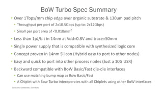 Consume. Collaborate. Contribute.
BoW Turbo Spec Summary
• Over 1Tbps/mm chip edge over organic substrate & 130um pad pitch
• Throughput per port of 2x10.5Gbps (up to: 2x12Gbps)
• Small per port area of <0.018mm2
• Less than 1pJ/bit in 14nm at Vdd=0.8V and trace=50mm
• Single power supply that is compatible with synthesized logic core
• Concept proven in 14nm Silicon (Hybrid easy to port to other nodes)
• Easy and quick to port into other process nodes (Just a 10G USR)
• Backward compatible with BoW Basic/Fast die-die interfaces
• Can use matching bump map as Bow Basic/Fast
• A Chiplet with Bow Turbo interoperates with all Chiplets using other BoW interfaces
 