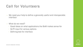 Consume. Collaborate. Contribute.
Call for Volunteers
• We need your help to define a generally useful and interoperable
interface
• What do we need?
⎻ Good ideas on what applications the BoW makes sense for
⎻ SI/PI input for various options
⎻ Defining test for interface
 