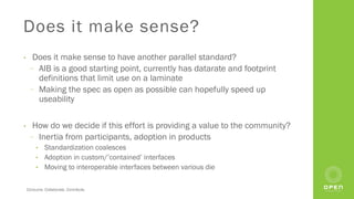 Consume. Collaborate. Contribute.
Does it make sense?
• Does it make sense to have another parallel standard?
⎻ AIB is a good starting point, currently has datarate and footprint
definitions that limit use on a laminate
⎻ Making the spec as open as possible can hopefully speed up
useability
• How do we decide if this effort is providing a value to the community?
⎻ Inertia from participants, adoption in products
• Standardization coalesces
• Adoption in custom/’contained’ interfaces
• Moving to interoperable interfaces between various die
 
