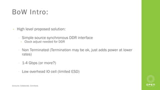 Consume. Collaborate. Contribute.
BoW Intro:
• High level proposed solution:
⎻ Simple source synchronous DDR interface
• Clock adjust needed for DDR
⎻ Non Terminated (Termination may be ok, just adds power at lower
rates)
⎻ 1-4 Gbps (or more?)
⎻ Low overhead IO cell (limited ESD)
 
