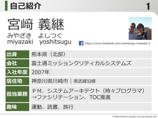 自己紹介
All Rights Reserved, Copyright Yoshitsugu Miyazaki 2015-
宮﨑 義継
みやざき よしつぐ
miyazaki yoshitsugu
出身
居住地
入社年度
担当業務
会社
趣味
熊本県（北部）
神奈川県川崎市｜南武線沿線
2007年
ＰＭ、システムアーキテクト（時々プログラマ）
→ファシリテーション、TOC推進
某F系のSIer
運動、読書、旅行
https://www.facebook.com/yoshitsugu.miyazaki.3
1
 