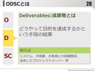 ODSCとは
All Rights Reserved, Copyright Yoshitsugu Miyazaki 2015-
O
D
SC
Deliverables｜成果物とは
どうやって目的を達成するかと
いう手段の結果
例えば
システム、手順書、お客様との信頼関係、
成長したプロジェクトメンバー 等
28
 