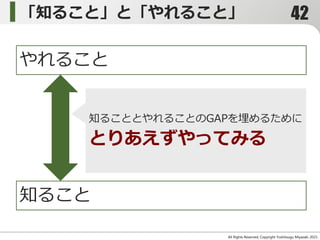 「知ること」と「やれること」
All Rights Reserved, Copyright Yoshitsugu Miyazaki 2015-
知ること
やれること
知ることとやれることのGAPを埋めるために
とりあえずやってみる
42
 