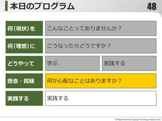 本日のプログラム
All Rights Reserved, Copyright Yoshitsugu Miyazaki 2015-
何（現状）を
どうやって
懸念・質疑
こうなったらどうですか？
学ぶ 実践する
何（理想）に
何か心配なことはありますか？
こんなことってありませんか？
実践する 実践する
48
 