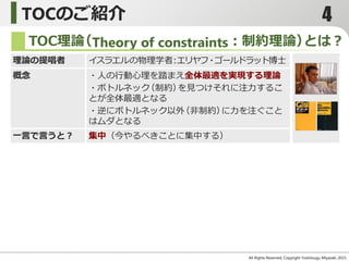 TOCのご紹介
All Rights Reserved, Copyright Yoshitsugu Miyazaki 2015-
TOC理論（Theory of constraints：制約理論）とは？
理論の提唱者 イスラエルの物理学者：エリヤフ・ゴールドラット博士
概念 ・人の行動心理を踏まえ全体最適を実現する理論
・ボトルネック（制約）を見つけそれに注力するこ
とが全体最適となる
・逆にボトルネック以外（非制約）に力を注ぐこと
はムダとなる
一言で言うと？ 集中（今やるべきことに集中する）
4
 
