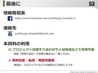 最後に
All Rights Reserved, Copyright Yoshitsugu Miyazaki 2015-
団体（学校や会社）で利用の場合はご一報ください
勉強会・プロジェクトなどでの配布はご自由にどうぞ
〇 プロジェクト目標すり合わせや人材育成などで利用可能
× 資料改変・転売・再配布厳禁
https://www.facebook.com/yoshitsugu.miyazaki.3
情報発信系
連絡先
yoshitsugu.miyazaki@gmail.com
本資料の利用
53
 