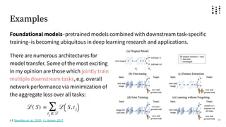 Examples
Foundational models–pretrained models combined with downstream task-specific
training–is becoming ubiquitous in deep learning research and applications.
11
c.f. Standley et. al., 2020, Li, Hoiem, 2017
There are numerous architectures for
model transfer. Some of the most exciting
in my opinion are those which jointly train
multiple downstream tasks, e.g. overall
network performance via minimization of
the aggregate loss over all tasks:
 