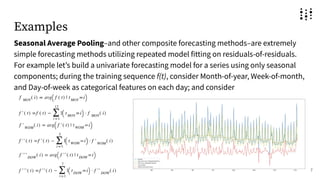 Examples
Seasonal Average Pooling–and other composite forecasting methods–are extremely
simple forecasting methods utilizing repeated model fitting on residuals-of-residuals.
For example letʼs build a univariate forecasting model for a series using only seasonal
components; during the training sequence f(t), consider Month-of-year, Week-of-month,
and Day-of-week as categorical features on each day; and consider
7
 