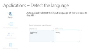 Automatically detect the input language of the text sent to
the API
Detect
Bilingual dictionary
Transliteration
Multiple languages
 