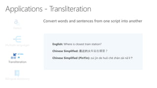Detect
Bilingual dictionary
Transliteration
Multiple languages
Convert words and sentences from one script into another
English: Where is closest train station?
Chinese Simplified: 最近的火车站在哪里？
Chinese Simplified (PinYin): zuì jìn de huǒ chē zhàn zài nǎ li？
 