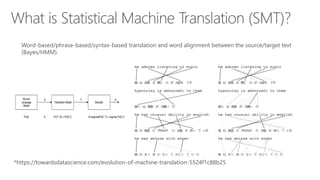Word-based/phrase-based/syntax-based translation and word alignment between the source/target text
(Bayes/HMM).
*https://towardsdatascience.com/evolution-of-machine-translation-5524f1c88b25
 