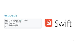 "Crash" Swift
var S1 = Set<Int>(1...size)
var S2 = Set<Int>()
for i in d {
S2.insert(i)
}
14
 