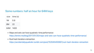 Some numbers: half an hour for 64M keys
size time (s)
1M 0.8
8M 22
64M 1400
Maps and sets can have quadratic‑time performance
https://lemire.me/blog/2017/01/30/maps‑and‑sets‑can‑have‑quadratic‑time‑performance/
Rust hash iteration+reinsertion
https://accidentallyquadratic.tumblr.com/post/153545455987/rust‑hash‑iteration‑reinsertion
15
 
