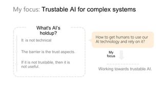 My focus: Trustable AI for complex systems
What's AI’s
holdup?
It is not technical
The barrier is the trust aspects.
If it...