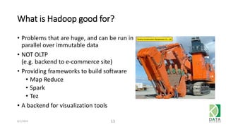 What is Hadoop good for?
• Problems that are huge, and can be run in
parallel over immutable data
• NOT OLTP
(e.g. backend to e-commerce site)
• Providing frameworks to build software
• Map Reduce
• Spark
• Tez
• A backend for visualization tools
6/1/2015 13
 