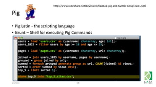 Pig
• Pig Latin - the scripting language
• Grunt – Shell for executing Pig Commands
6/1/2015 19
http://www.slideshare.net/kevinweil/hadoop-pig-and-twitter-nosql-east-2009
 