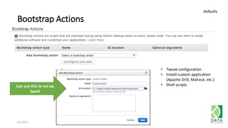 Bootstrap Actions
6/1/2015 49
defaults
• Tweak configuration
• Install custom application
(Apache Drill, Mahout, etc.)
• Shell scriptsCan use this to set up
Spark
 