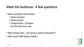 Meet the Audience: A few questions
• Who considers themselves
• Data scientist
• Data analyst
• Programmer / Scripter
• On the Business side
• Who knows SQL – can write a select statement?
• Who used AWS before today?
6/1/2015 8
 