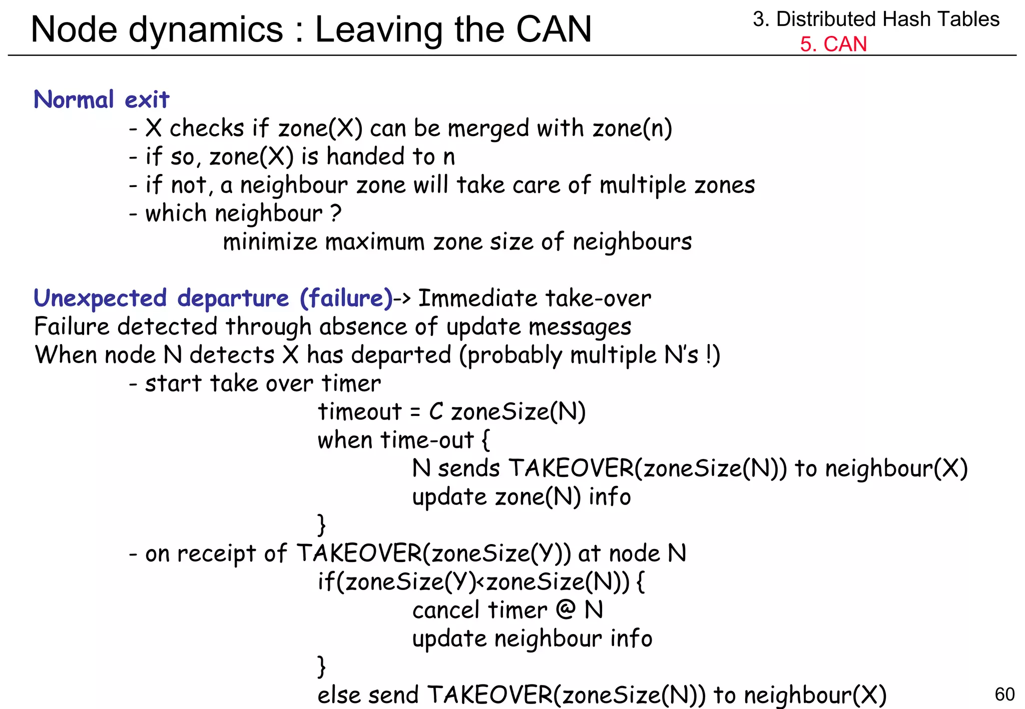 Node dynamics : Leaving the CAN 3. Distributed Hash Tables 5. CAN Normal exit - X che cks if zone(X) can be merged with zone(n) - if so, zone(X) is handed to n - if not, a neighbour zone will take care of multiple zones - which neighbour ? minimize maximum zone size of neighbours Unexpected departure (failure) -> Immediate take-over Failure detected through absence of update messages When node N detects X has departed (probably multiple N’s !) - start take over timer timeout = C zoneSize(N) when time-out { N sends TAKEOVER(zoneSize(N)) to neighbour(X) update zone(N) info } - on receipt of TAKEOVER(zoneSize(Y)) at node N if(zoneSize(Y)<zoneSize(N)) { cancel timer @ N update neighbour info } else send TAKEOVER(zoneSize(N)) to neighbour(X) 