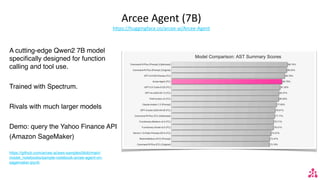 Arcee Agent (7B)
https://huggingface.co/arcee-ai/Arcee-Agent
A cutting-edge Qwen2 7B model
specifically designed for function
calling and tool use.
Trained with Spectrum.
Rivals with much larger models
Demo: query the Yahoo Finance API
(Amazon SageMaker)
https://github.com/arcee-ai/aws-samples/blob/main/
model_notebooks/sample-notebook-arcee-agent-on-
sagemaker.ipynb
 
