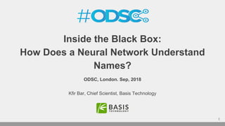 1
ODSC, London. Sep, 2018
Inside the Black Box:
How Does a Neural Network Understand
Names?
Kfir Bar, Chief Scientist, Basis Technology
 