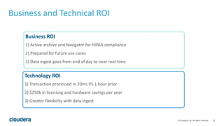22© Cloudera, Inc. All rights reserved.
Business and Technical ROI
Technology ROI
Business ROI
1) Active archive and Navigator for HIPAA compliance
2) Prepared for future use cases
3) Data ingest goes from end of day to near real-time
1) Transaction processed in 20ms VS 1 hour prior
2) $250k in licensing and hardware savings per year
3) Greater flexibility with data ingest
 
