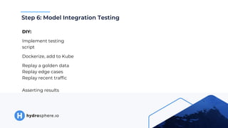 Step 6: Model Integration Testing
DIY:
Implement testing
script
Dockerize, add to Kube
Replay a golden data
Replay edge ca...