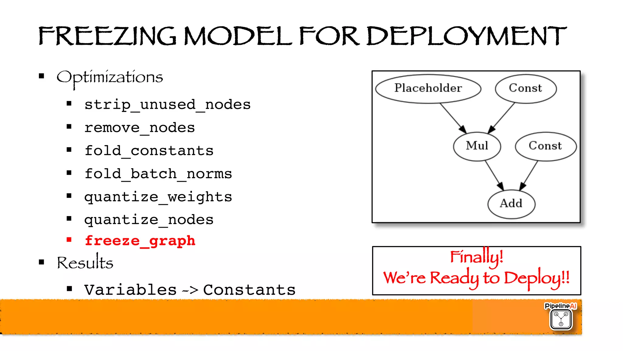 FREEZING MODEL FOR DEPLOYMENT
§ Optimizations
§ strip_unused_nodes
§ remove_nodes
§ fold_constants
§ fold_batch_norms
§ quantize_weights
§ quantize_nodes
§ freeze_graph
§ Results
§ Variables -> Constants
Finally!
We’re Ready to Deploy!!
 