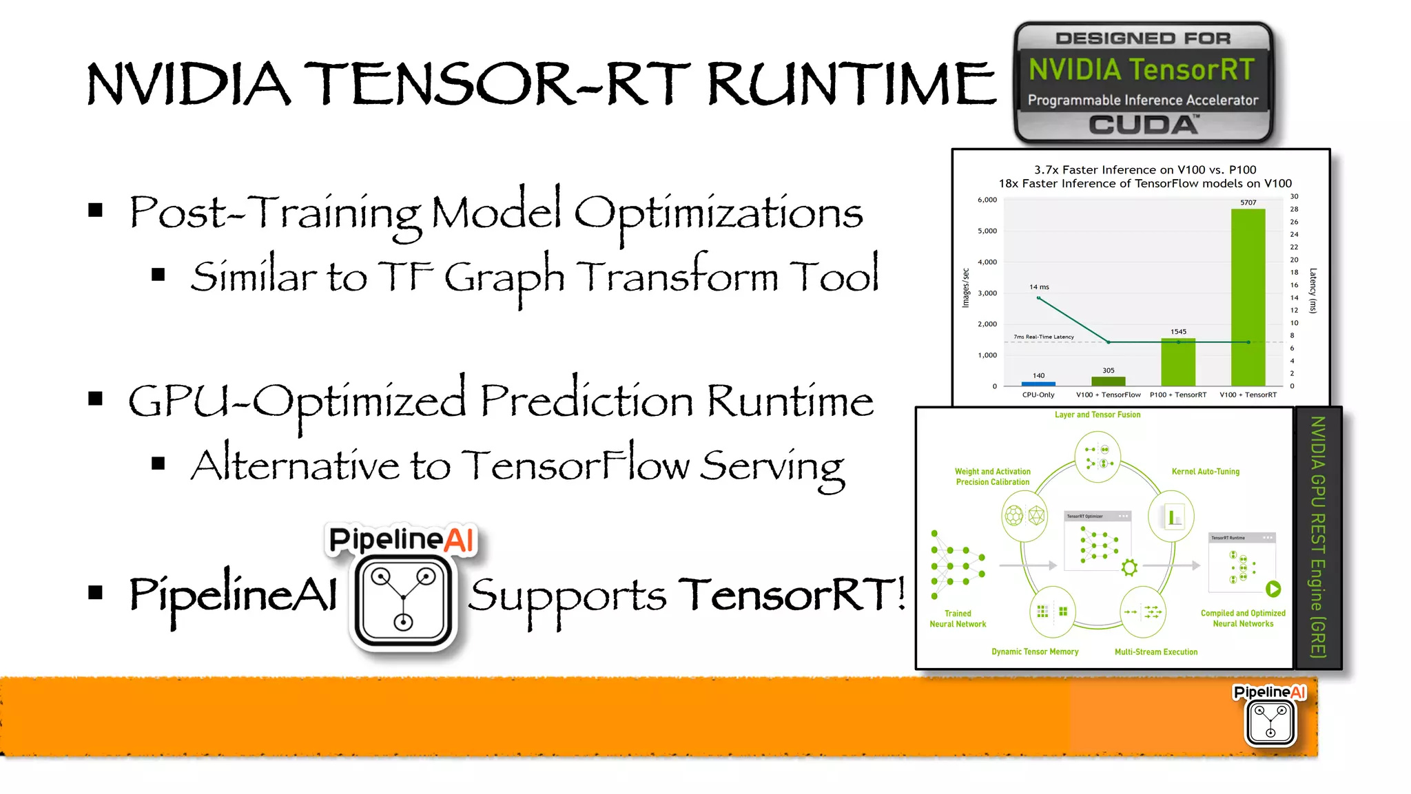 NVIDIA TENSOR-RT RUNTIME
§ Post-Training Model Optimizations
§ Similar to TF Graph Transform Tool
§ GPU-Optimized Prediction Runtime
§ Alternative to TensorFlow Serving
§ PipelineAI Supports TensorRT!
 