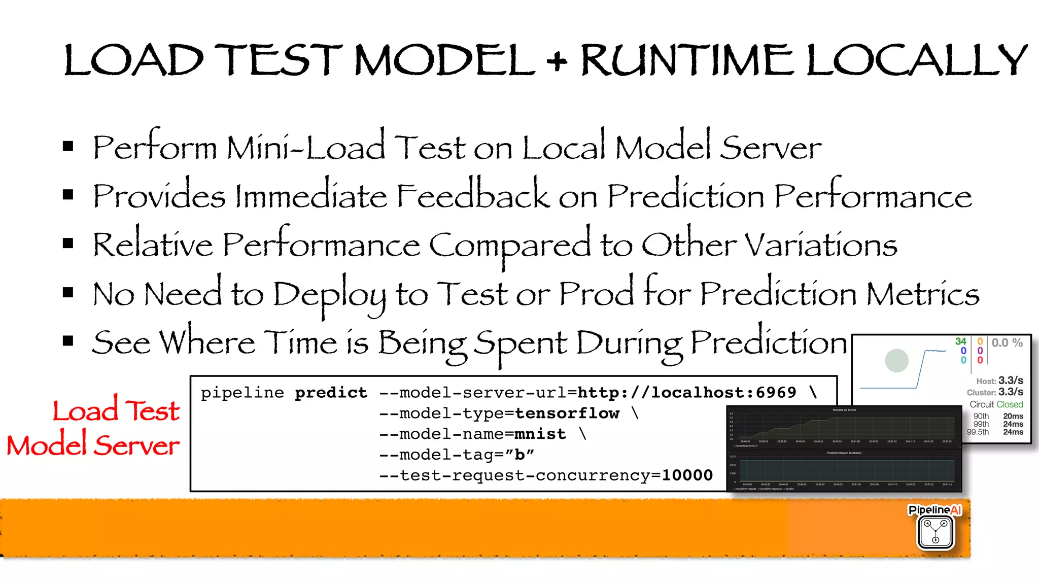 LOAD TEST MODEL + RUNTIME LOCALLY
§ Perform Mini-Load Test on Local Model Server
§ Provides Immediate Feedback on Prediction Performance
§ Relative Performance Compared to Other Variations
§ No Need to Deploy to Test or Prod for Prediction Metrics
§ See Where Time is Being Spent During Prediction
pipeline predict --model-server-url=http://localhost:6969 
--model-type=tensorflow 
--model-name=mnist 
--model-tag=”b”
--test-request-concurrency=10000
Load Test
Model Server
 