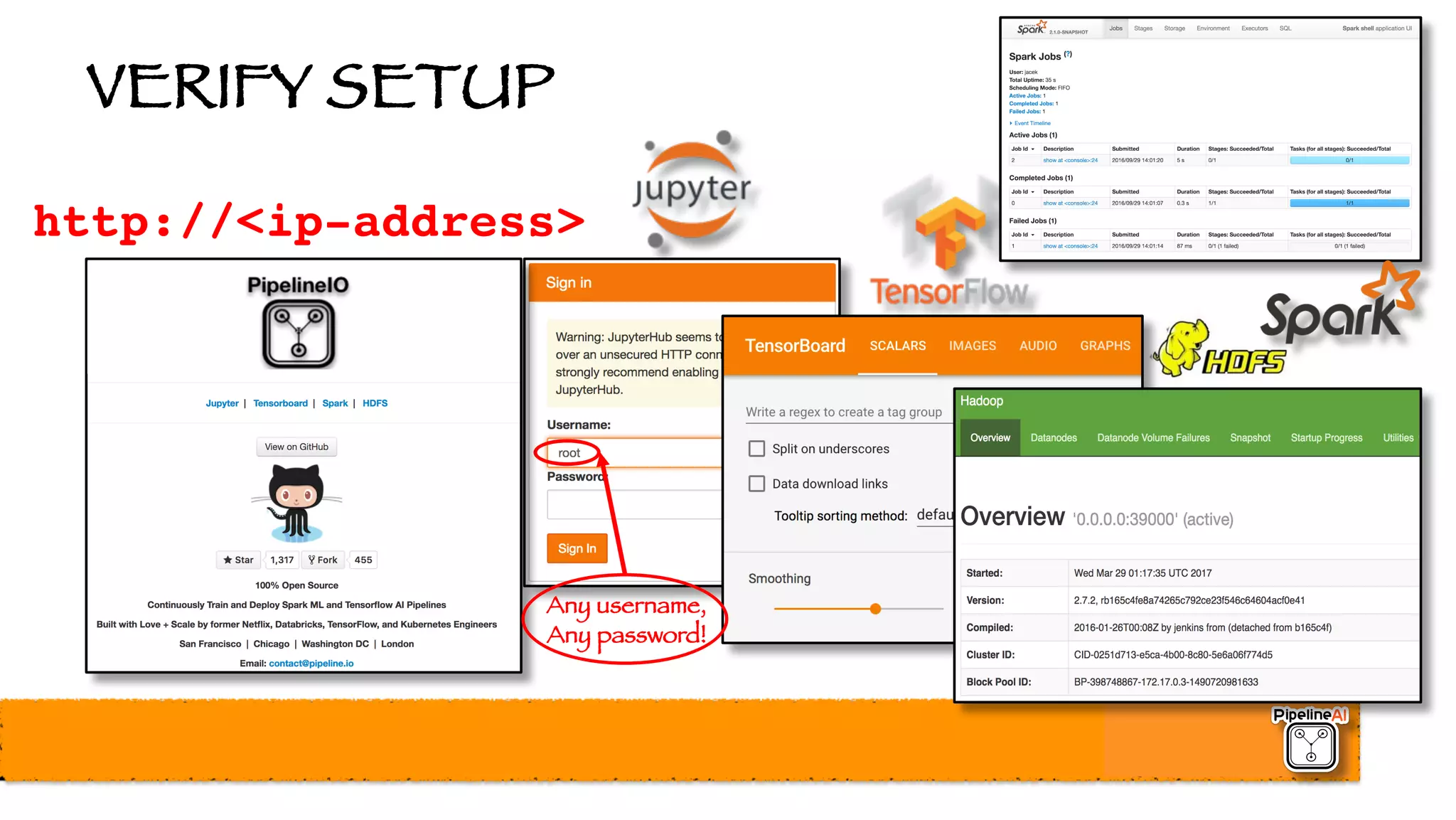 VERIFY SETUP
http://<ip-address>
Any username,
Any password!
 