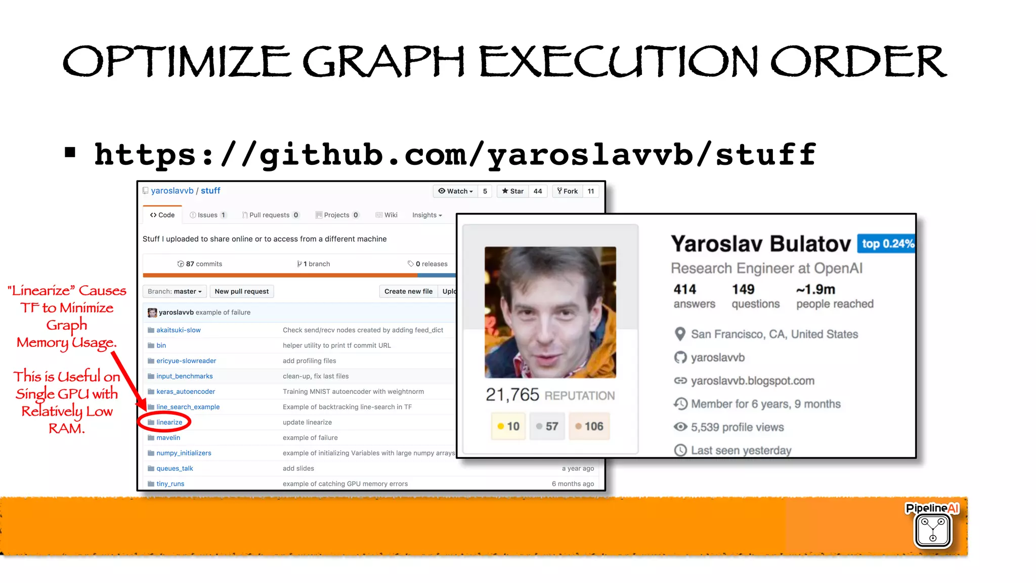 OPTIMIZE GRAPH EXECUTION ORDER
§ https://github.com/yaroslavvb/stuff
"Linearize” Causes
TF to Minimize
Graph
Memory Usage.
This is Useful on
Single GPU with
Relatively Low
RAM.
 