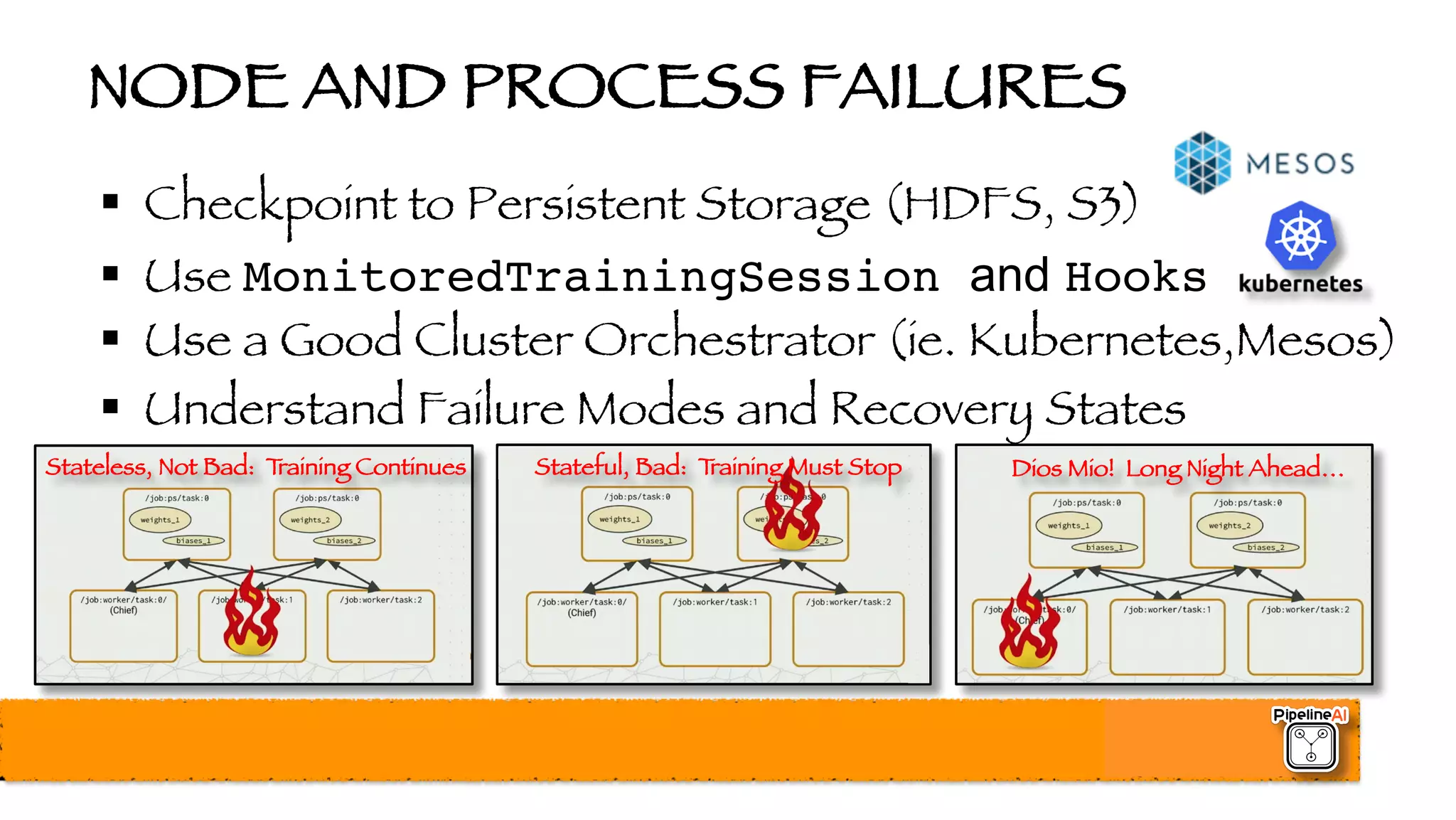 NODE AND PROCESS FAILURES
§ Checkpoint to Persistent Storage (HDFS, S3)
§ Use MonitoredTrainingSession and Hooks
§ Use a Good Cluster Orchestrator (ie. Kubernetes,Mesos)
§ Understand Failure Modes and Recovery States
Stateless, Not Bad: Training Continues Stateful, Bad: Training Must Stop Dios Mio! Long Night Ahead…
 