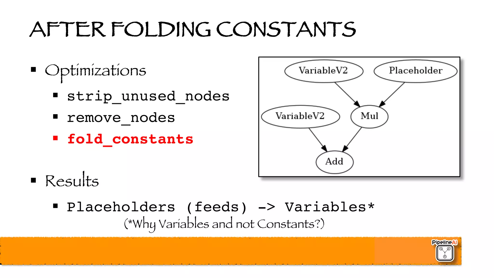 AFTER FOLDING CONSTANTS
§ Optimizations
§ strip_unused_nodes
§ remove_nodes
§ fold_constants
§ Results
§ Placeholders (feeds) -> Variables*
(*Why Variables and not Constants?)
 