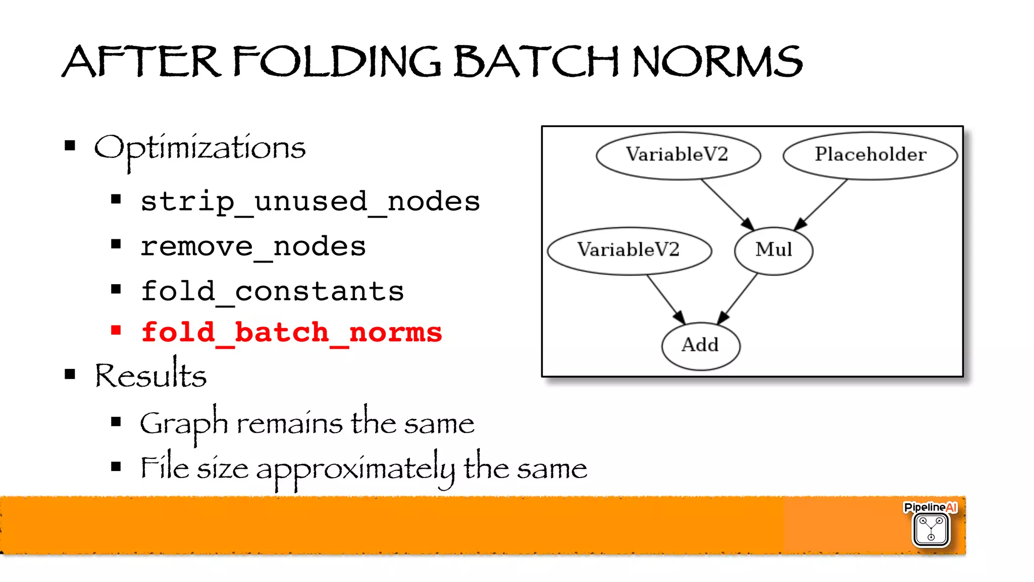 AFTER FOLDING BATCH NORMS
§ Optimizations
§ strip_unused_nodes
§ remove_nodes
§ fold_constants
§ fold_batch_norms
§ Results
§ Graph remains the same
§ File size approximately the same
 