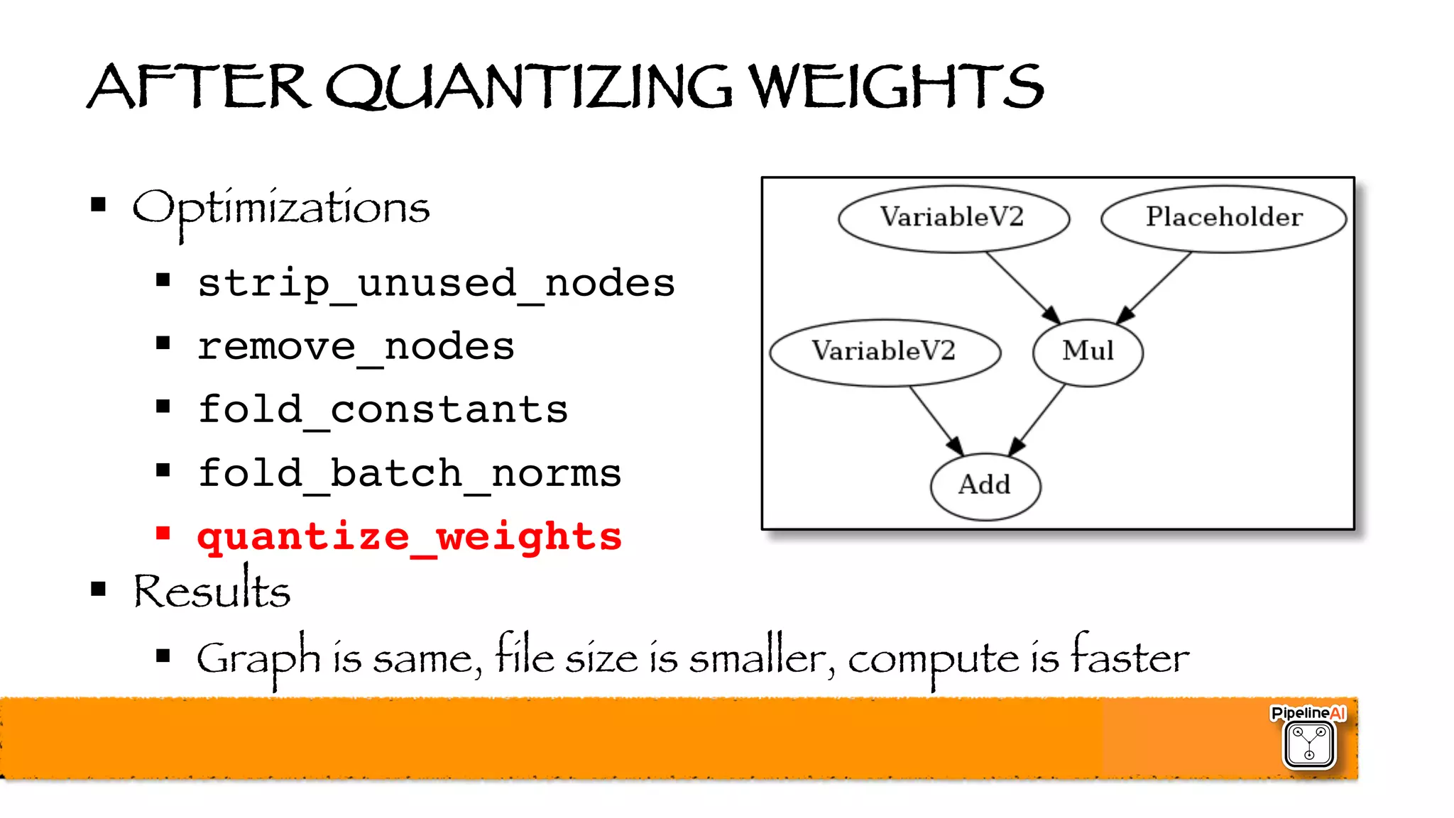 AFTER QUANTIZING WEIGHTS
§ Optimizations
§ strip_unused_nodes
§ remove_nodes
§ fold_constants
§ fold_batch_norms
§ quantize_weights
§ Results
§ Graph is same, file size is smaller, compute is faster
 